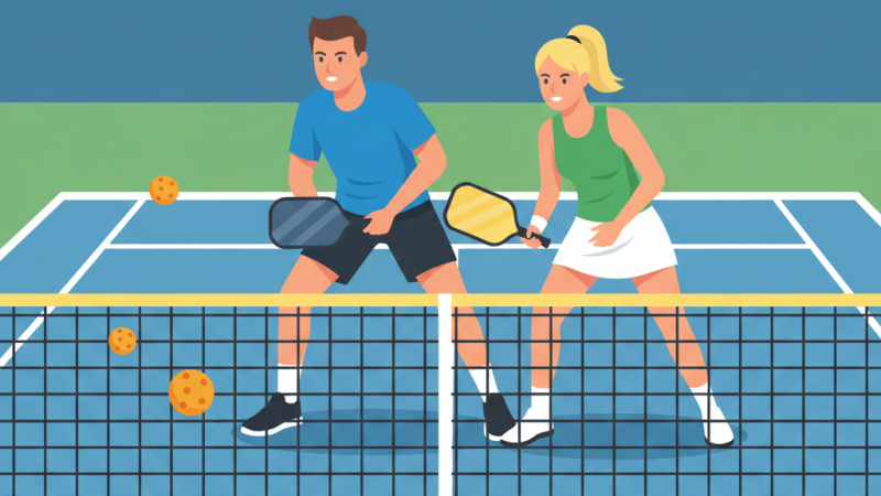 Một cặp đôi Pickleball nam nữ đang phòng thủ chặt chẽ ở lưới