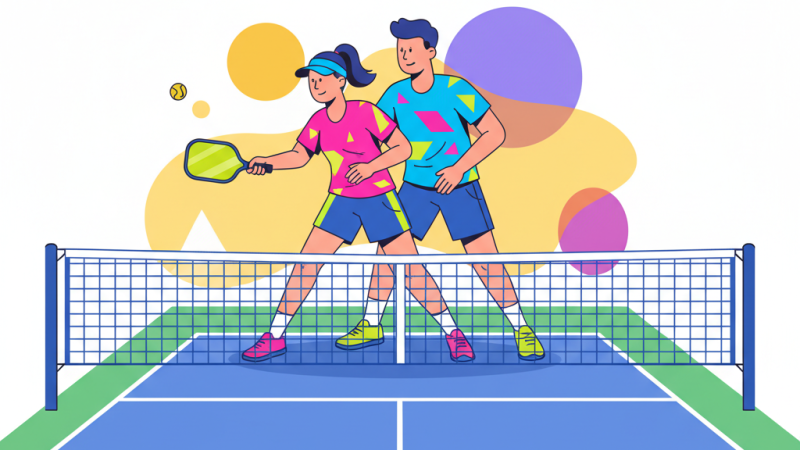 Một cặp đôi đang phối hợp dink bóng qua lưới pickleball