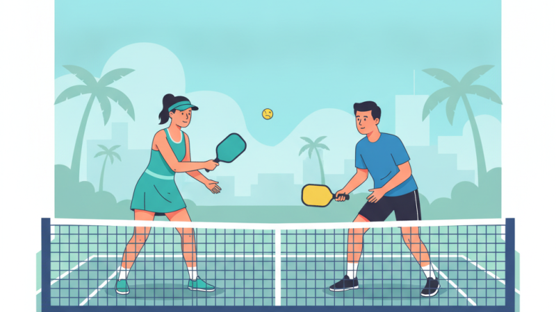 Hai người chơi Pickleball đang luyện tập kỹ năng dink tại vạch Kitchen